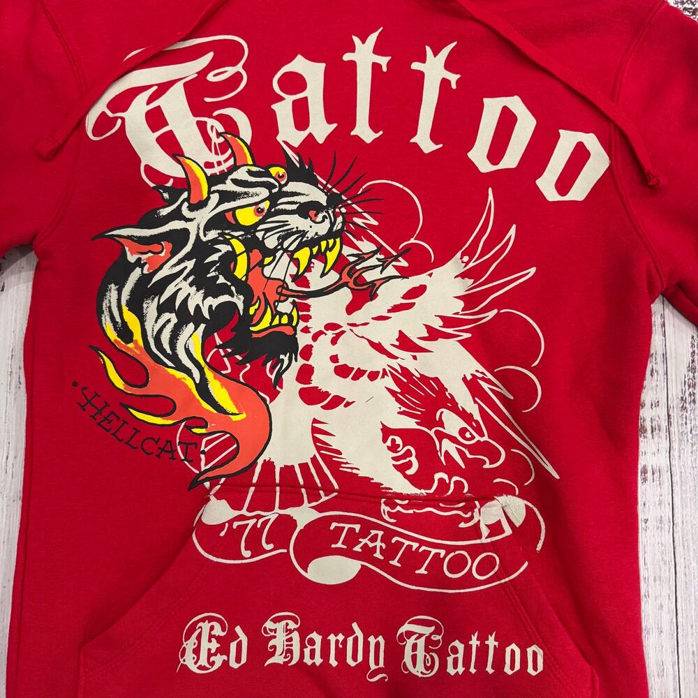 Ed Hardy 77 Tattoo Hellcat Tiger Skull Hoodie Red NWT S - Picture 3 of 11